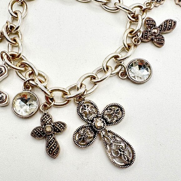 Bracelet With Rhinestones and Cross Charms Silver Tone - Picture 2 of 8
